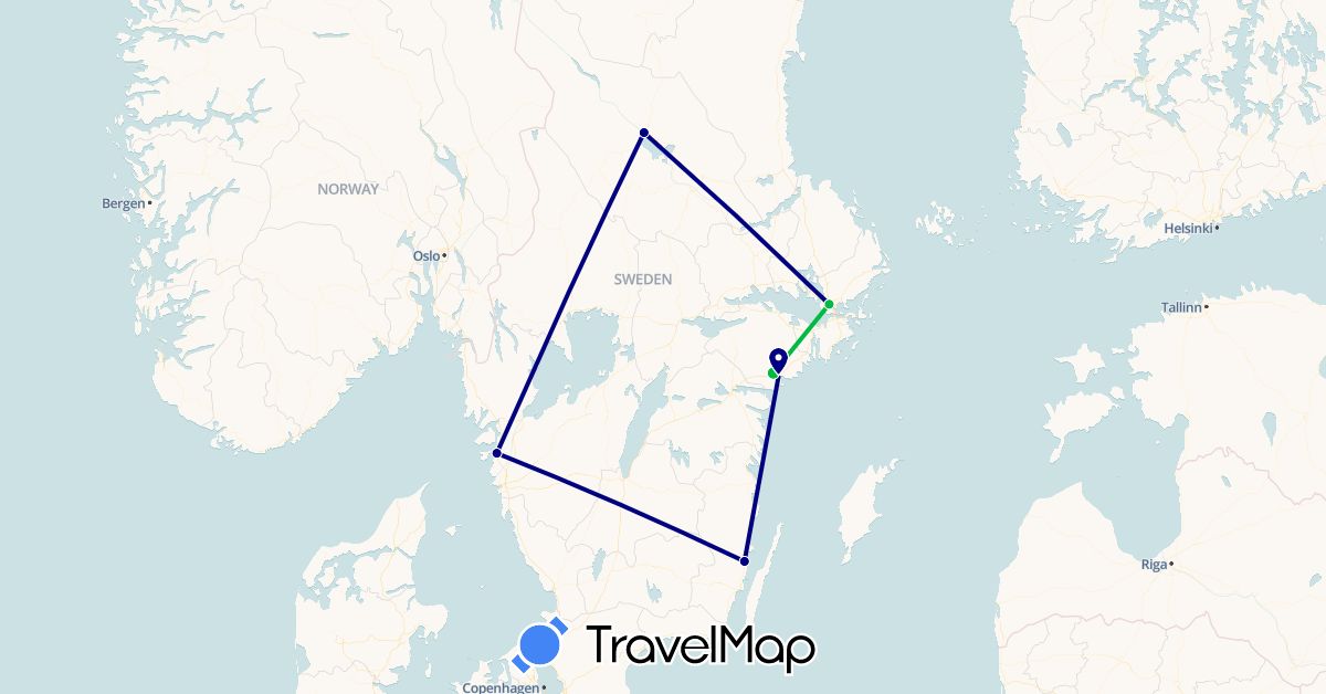TravelMap itinerary: driving, bus, plane in Sweden (Europe)